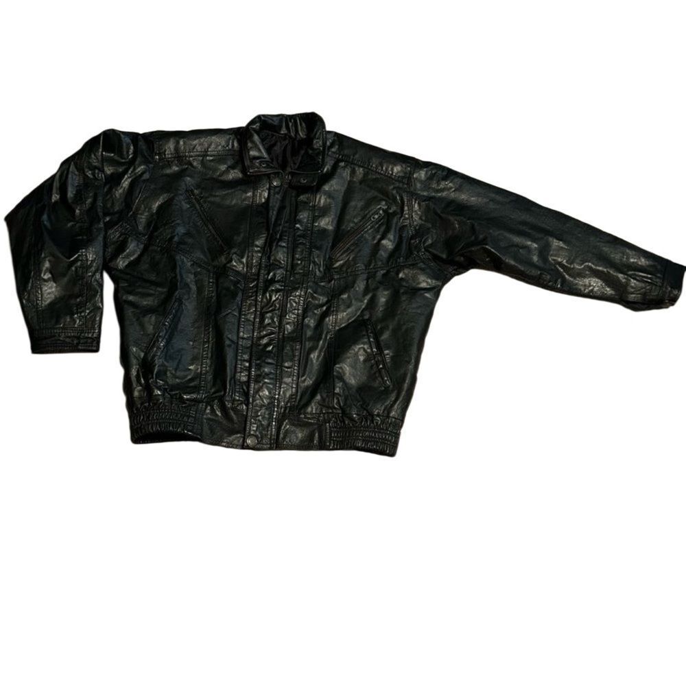 Bomber Leather Jacket Black Vintage 80s Drop Shoulder Moto Zipper Details M